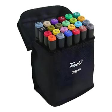 Imagem de Kit Canetinhas Marcador Permanente - Pontas Duplas, 24 Cores Vivas para Desenho Profissional, Pintura e Colorir - com Estojo Organizador Linha Premium