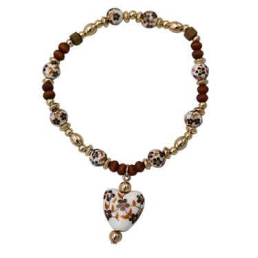 Imagem de Rosemarie & Jubalee Pingente de coração de cerâmica floral, contas de cerâmica, madeira e douradas