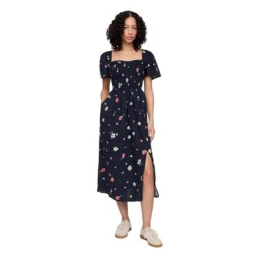 Imagem de GAP Vestido feminino midi franzido, Floral azul-marinho, PP
