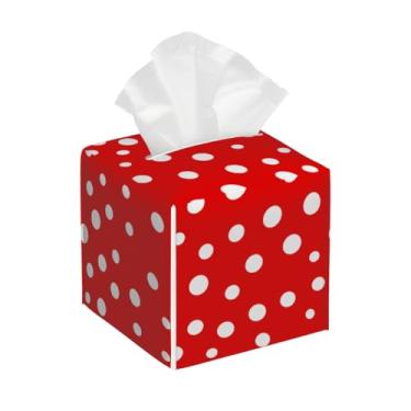 Imagem de Capa quadrada de couro para caixa de lenços à prova d'água com estampa de bolinhas, organizador de papel facial vermelho com cinto inferior, estojo de lenços para mesa, banheiro, escritório, mesa