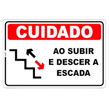Imagem de Placa de Sinalização Cuidado ao Subir e Descer a Escada, PS 1mm, Impressão UV Digital, 30x20 cm, Preto Vermelho e Branco, com Fita Dupla Face (1)