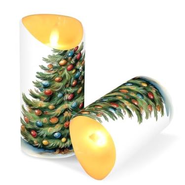 Imagem de Blueangle Pacote com 2 velas de árvore de Natal em aquarela sem chama com controle remoto e temporizador, velas LED cintilantes (7,6 cm x 15 cm) para decoração de casa, casamento, acampamento (96)