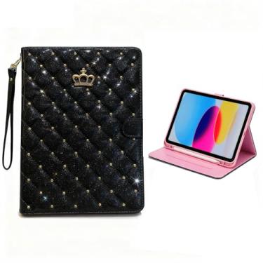 Imagem de Capa para iPad 10ª geração de 10 polegadas 2022, capa com suporte de coroa de couro sintético brilhante com glitter e suporte para Apple Pencil integrado e vários ângulos de visão despertar/hibernar