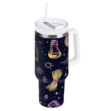 Imagem de STAYTOP Copo de chapéu de bruxa e vassoura de Halloween de 850 g com tampa e palha, copo isolado de aço inoxidável durável à prova de vazamento com alça, garrafas de água à prova de derramamento para