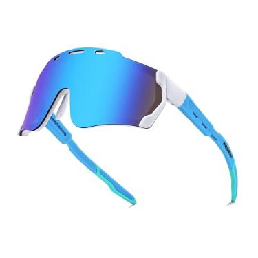 Imagem de FEISEDY Óculos de sol esportivos de ciclismo, lentes magnéticas, ajustáveis, viseira masculina, feminina, juvenil B0028, Moldura branca - Espelho azul, 71mm