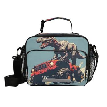 Imagem de CEBUGI Lancheira térmica de desenho animado de dinossauro e caminhão, à prova d'água, à prova de vazamento, lancheira com alça de ombro ajustável, lancheira para meninos e meninas, escritório