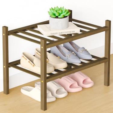 Imagem de Smiry Sapateira de bambu para armário, organizador de sapatos empilhável pequeno de madeira de 2 níveis, prateleira de armazenamento de sapatos de pé livre para entrada, entrada da porta da frente