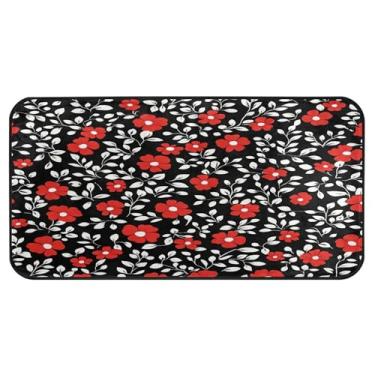 Imagem de Burbuja Tapete de cozinha com flores vermelhas pequenas, 51 x 99 cm, tapete antiderrapante lavável com suporte de borracha, tapete para cozinha, sala de estar, banheiro, decoração de casa