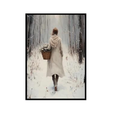 Imagem de Pôster de paisagem de Natal inverno fazenda alce pinhas boneco de neve natureza pintura em tela impressão de parede decoração de sala de estar (SKU1,20.3x30.5 cm = (20x30 cm), moldura preta)