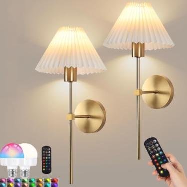 Imagem de 2 luminárias de parede LED recarregáveis, sem fio, alimentadas por bateria, sem necessidade de conexão à rede elétrica. Arandela de parede com intensidade ajustável, controle remoto e interr