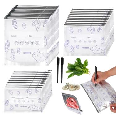 Imagem de 30 Unidades de Sacos de Armazenamento Reutilizáveis em Folha Alumínio, 3 Tamanhos Sacos a Vácuo com Fecho Zíper Reutilizáveis com 2 Canetas Etiquetas para Legumes Carnes e Frutas