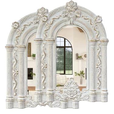 Imagem de ZEXUIRU 2 peças de espelho de parede de janela arqueada, espelho rústico de realce de casa de fazenda, decoração de parede de entrada emoldurada de madeira para sala de estar, banheiro, quarto