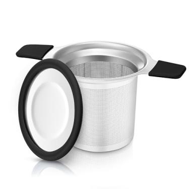 Imagem de Infusor de chá de aço inoxidável para chá de folhas soltas – Coador de malha extrafina com alças duplas e tampa à prova de calor, filtro reutilizável para canecas, xícaras e bules, preto