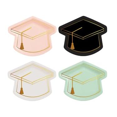 Imagem de AnyDesign Pratos de papel de graduação pratos descartáveis rosa preto branco verde chapéu de graduação prato decorativo para sobremesa salada aperitivo biscoitos parabéns suprimentos para festa de