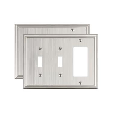 Imagem de TREEWELL Pacote com 2 placas de tampa de saída decoradora dupla/decoradora única, níquel escovado decorativo de liga de zinco, 4 placas de interruptor para tomadas elétricas, receptáculo, tomada GFCI