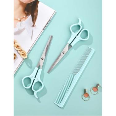 Imagem de Kit de corte de cabelo de 3 peças – tesouras afiadas, tesouras de desbaste e pente de dentes finos para cortes de cabelo de qualidade de salão em casa (dentes de franja, tesouras planas e pente), azul