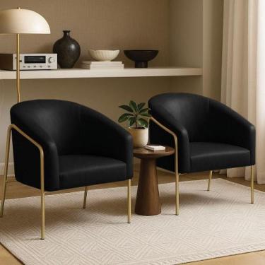 Imagem de Poltrona Sala Industrial Alta Dourado Kit 2 Stella Sintético Pu Preto 