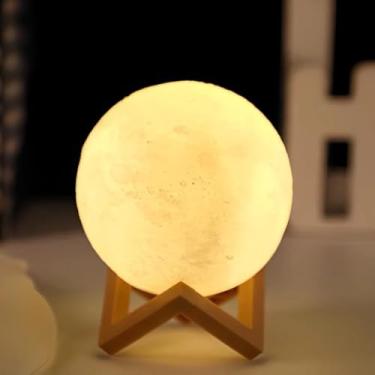 Imagem de Luminária Mini Lua Cheia LED Abajur Alto Relevo Sem Fio 10cm - Decoração Quarto Touch Luzes Quentes Brancas