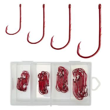 Imagem de MASTERPRO 2# 4# 6# 8# 100 peças de anzóis de pesca farpados pequenos de aço de alto carbono, suporte de isca de haste longa com furos, 4 especificações vermelhas, ganchos potentes em caixa portátil