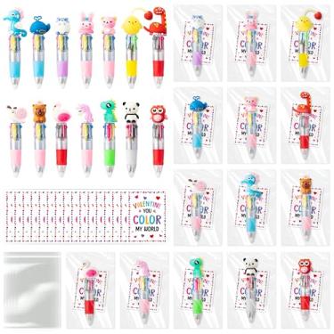 Imagem de ANGOLIO 28 conjuntos de cartões de presente de dia dos namorados com animais fofos 4 em 1 canetas esferográficas multicoloridas para crianças, estudantes, escola, sala de aula, escritório, troca de