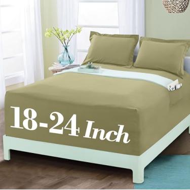 Imagem de Mocassi Lençol com elástico luxuoso 1800 de qualidade premium de hotel – Ultramacio, microfibra resistente a vincos, bolso extra profundo de 45 a 60 cm, lençol com elástico, Queen, verde sálvia