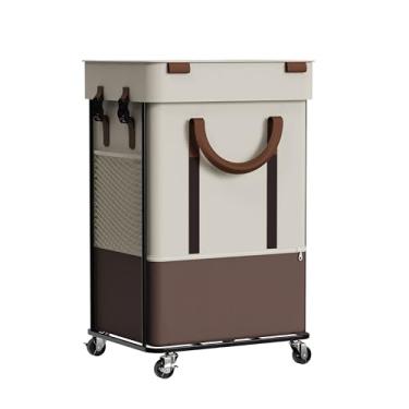 Imagem de Cesto de roupa suja de 150L com rodas, cesto de roupa suja duplo, 2 seções, com 2 sacos internos, tampa, alça e bolsa de malha, cestos grandes e altos para roupas sujas para quarto, lavanderia