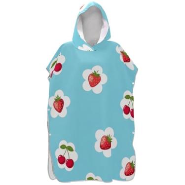 Imagem de Joisal Poncho de surfe trocador de roupão adultos praia banho com capuz toalhas vestíveis morangos cerejas azul unissex adulto poncho com capuz