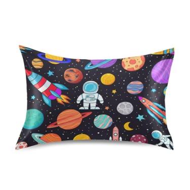 Imagem de Fronhas de cetim coloridas planetas galáxia para resfriamento de cabelo capa de almofada macia arte fofa padrão King Queen fronhas tamanho padrão 66 cm x 50 cm