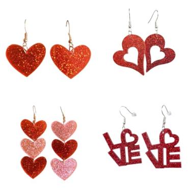 Imagem de 4 pares de brincos de coração do amor, fofo, rosa, vermelho, herat, leve, acrílico, pendente, para mulheres, casamento, aniversário, dia dos namorados, dia das mães, presente, Zinco Acrílico, Sem