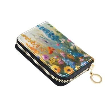 Imagem de Carteira feminina para cartão de crédito com bloqueio de RFID, pequena, com zíper, floral, amarelo