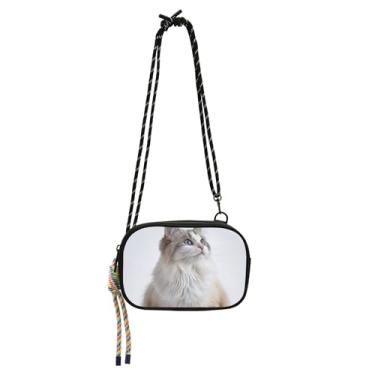 Imagem de TSENQUE Bolsa feminina com estampa de gato fofa, bolsa tiracolo pequena, bolsa para celular, bolsa divertida e fofa para viagem sobre o ombro
