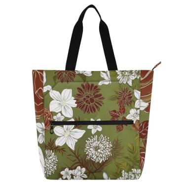 Imagem de GAIGEO Bolsa feminina de lona verde oliva com flores florais para professores universitários com compartimentos