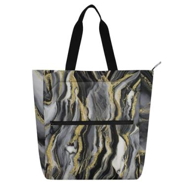 Imagem de Bolsa de trabalho preta de mármore dourado para mulheres, bolsas de lona para faculdade, escola, senhoras, crianças, livros, presentes