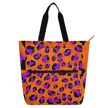 Imagem de GAIGEO Bolsa feminina roxa leopardo laranja bolsa de trabalho lona praia livro tote com zíper bolsas médias amantes de livros