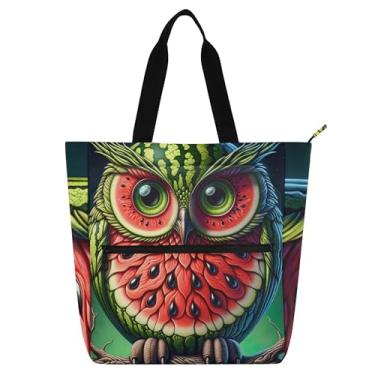 Imagem de GAIGEO Sacolas femininas engraçadas de coruja melancia para trabalho de lona com zíper bolsa de praia para professores de presente para amantes de livros
