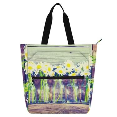 Imagem de Vases Margaridas Bolsa de Trabalho de Madeira para Mulheres Sacola Escolar de Lona com Zíper Bolsas Mensageiro Amantes de Livros Presentes