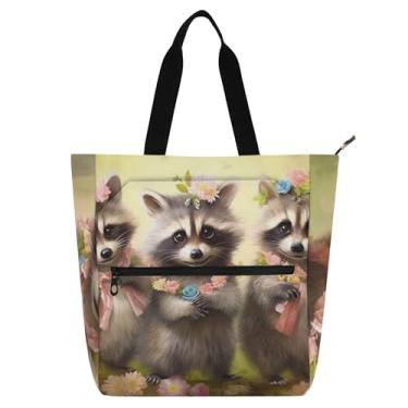 Imagem de Linda sacola de trabalho com flores de guaxinins para mulheres, bolsas de tecido de lona, faculdade, escola, crianças, livros, presente para amantes de livros