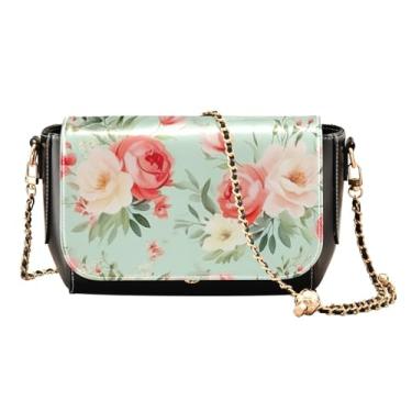 Imagem de Giraffe's Head Looks Forward Bolsa transversal de couro com zíper, bolsas tiracolo femininas de couro, bolsas transversais médias para mulheres, Aquarela floral em verde, One Size