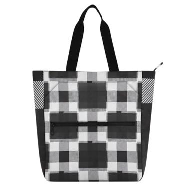 Imagem de GAIGEO Bolsas de trabalho femininas pretas e brancas com listras xadrez em lona escolar bolsa de tecido com compartimentos