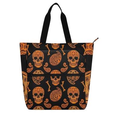 Imagem de GAIGEO Sacolas femininas de trabalho pretas com caveiras laranjas e zíper de lona para presente de tecido para amantes de livros