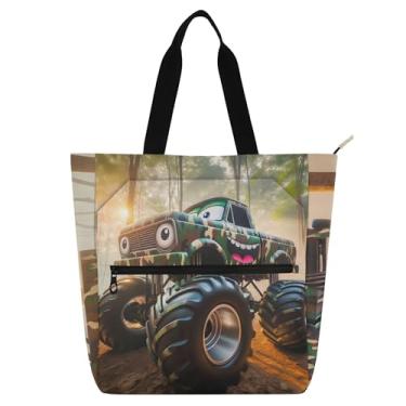 Imagem de Bolsa de ombro reutilizável com zíper para livros escolares com desenho camuflado Monster Trucks