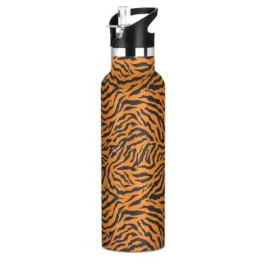 Imagem de Joisal Garrafa de água isolada de aço inoxidável de 590 ml com tampa de palha, manchas de tigre preto arrojado, garrafas de água laranja para meninos, meninas, copos de viagem para crianças, à prova