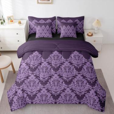 Imagem de Feelyou Conjunto de edredom queen damasco roxo gótico com lençol para crianças, meninos e meninas, mariposa da morte, exótica, 7 peças, decoração de quarto macio e barroco vitoriano