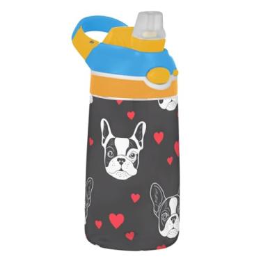 Imagem de Garrafa de água esportiva infantil de 473 ml com tampa de palha, garrafa de água à prova de vazamento para escola, copo infantil Tritan de 473 ml, alça de transporte, lindos corações de buldogue