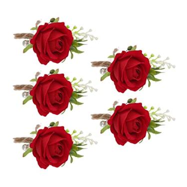 Imagem de GLOGLOW Suprimentos de Casamento Corsage de Flores Artificiais, Estilo Coreano, Plástico, 5 Peças, 5,1 X 3,1 Polegadas, para Noiva e Noivo Casamento Boutonniere Nan (Vermelho)