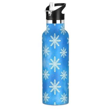 Imagem de Joisal Flocos de neve brancos garrafas de água azuis para adolescentes com tampa de palha, garrafa de água de aço inoxidável isolada, livre de BPA, copos infantis à prova de vazamento para escola
