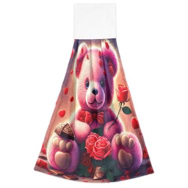 Imagem de Joisal Toalhas de mão rosa de urso de pelúcia rosas primavera com laço para pendurar altamente absorvente conjunto de 2 toalhas de gravata de forno para decoração de casa 18,2 x 14 polegadas