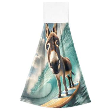 Imagem de Toalhas de mão com laços para pendurar, conjunto de 2 toalhas de forno de animal de burro fofas, altamente absorventes, 46 x 35 cm