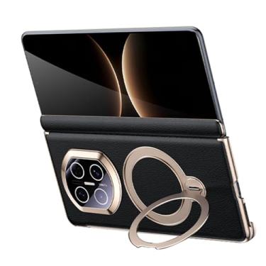Imagem de POYUFRG Capa magnética para Huawei Mate X7, capa de couro galvanizado com proteção de dobradiça de lente completa com suporte de anel de metal giratório, preta, Mate X7