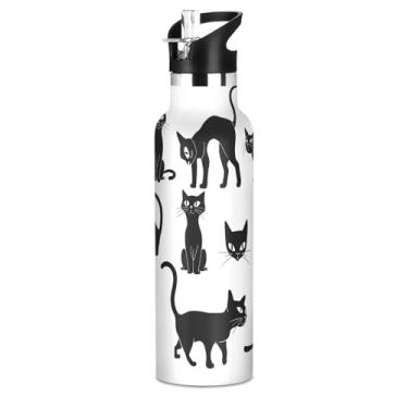 Imagem de Joisal Garrafas de água de aço inoxidável à prova de vazamento de gatos pretos para crianças, adolescentes, copos de viagem isolados para crianças com tampa de canudo para bebidas quentes ou frias